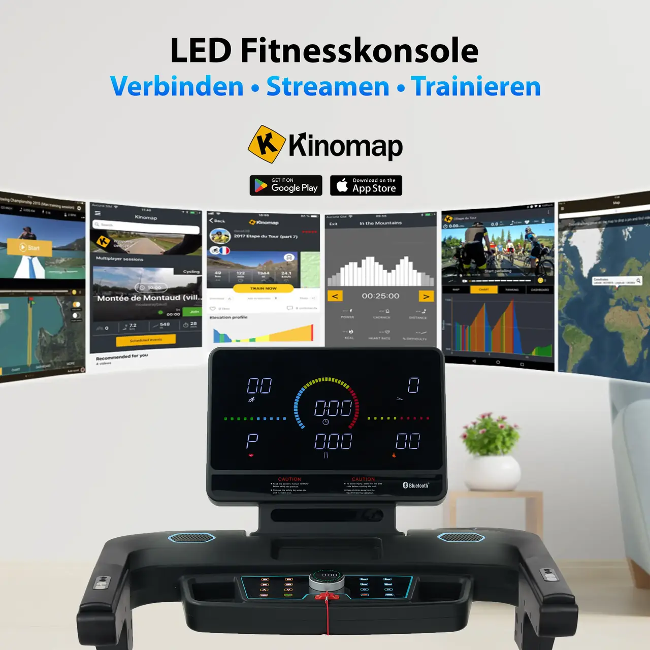 LED-fitnessconsole met Kinomap – verbinden, streamen, trainen