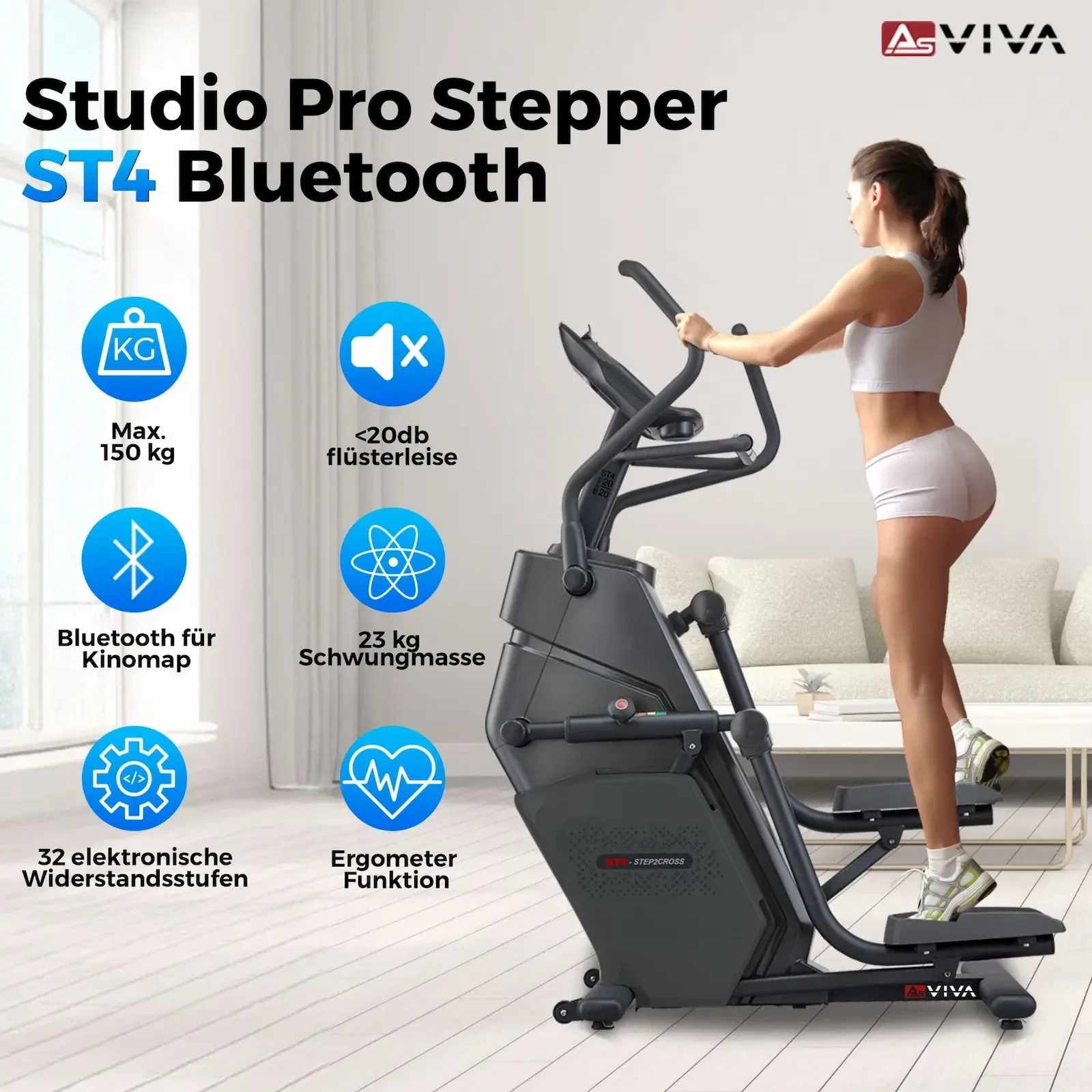 AsVIVA Studio Pro stepper ST4 – uitrusting in overzicht: max. 150 kg, fluisterstil, Bluetooth voor Kinomap, 23 kg vliegwielmassa, 32 weerstandsniveaus, ergometerfunctie