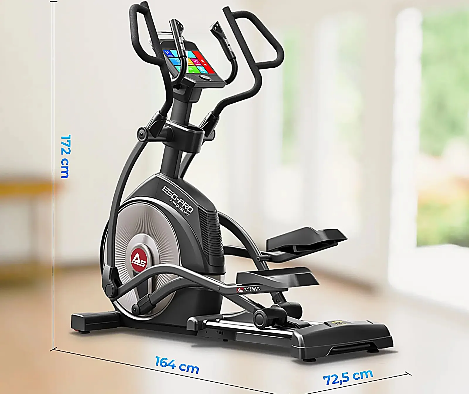 AsVIVA E50 Smart Stair Pro crosstrainer – zijaanzicht met kenmerken in overzicht