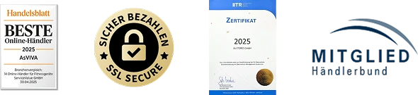 Onderscheidingen: Handelsblatt Beste Online-Händler 2025, SSL-beveiligde betaling, ETR-certificaat 2025, lid van Händlerbund
