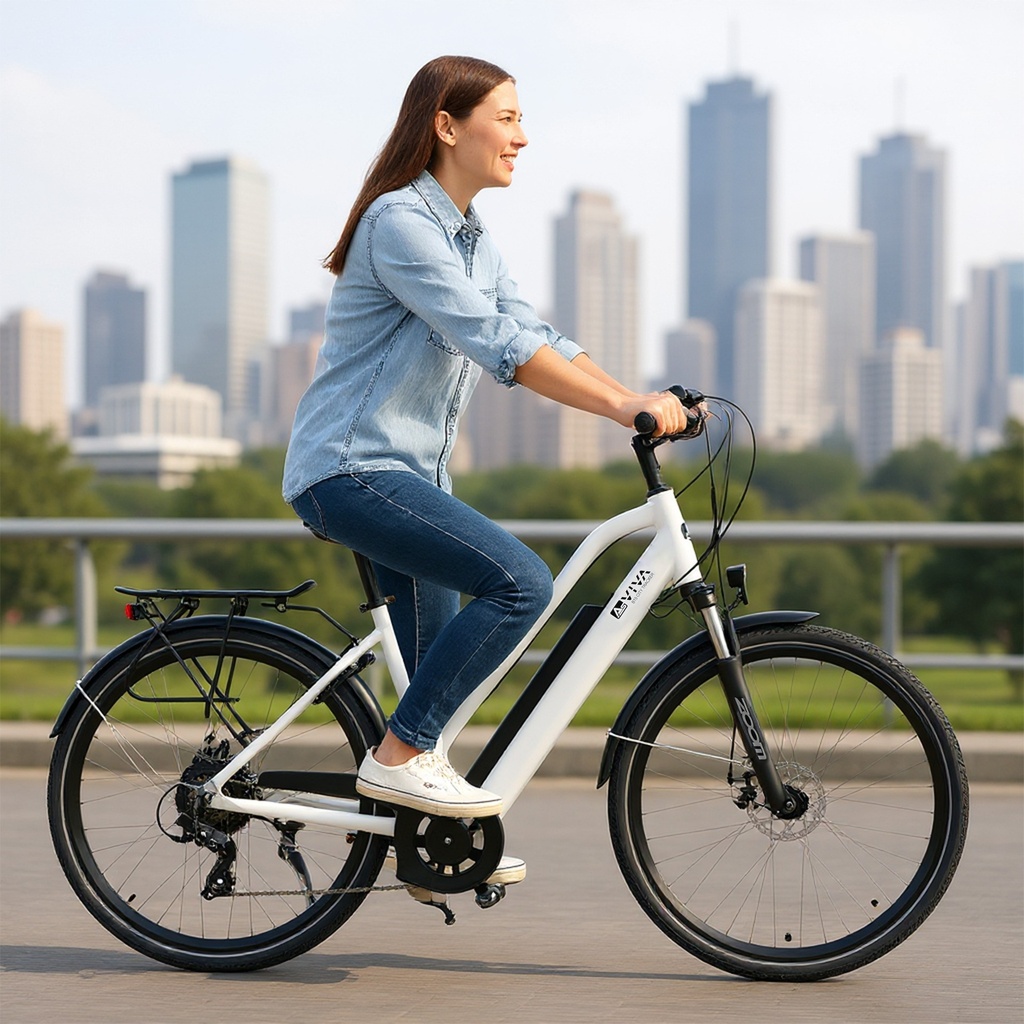 Fahrerin auf dem AsVIVA B15 City E-Bike 28 Zoll in Weiß