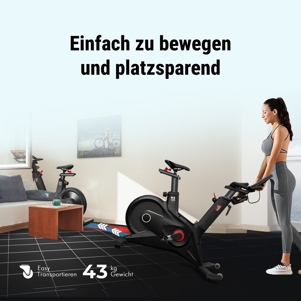 Geïntegreerde transportwielen van de AsVIVA Speedbike Studio Pro S17 voor eenvoudig verplaatsen