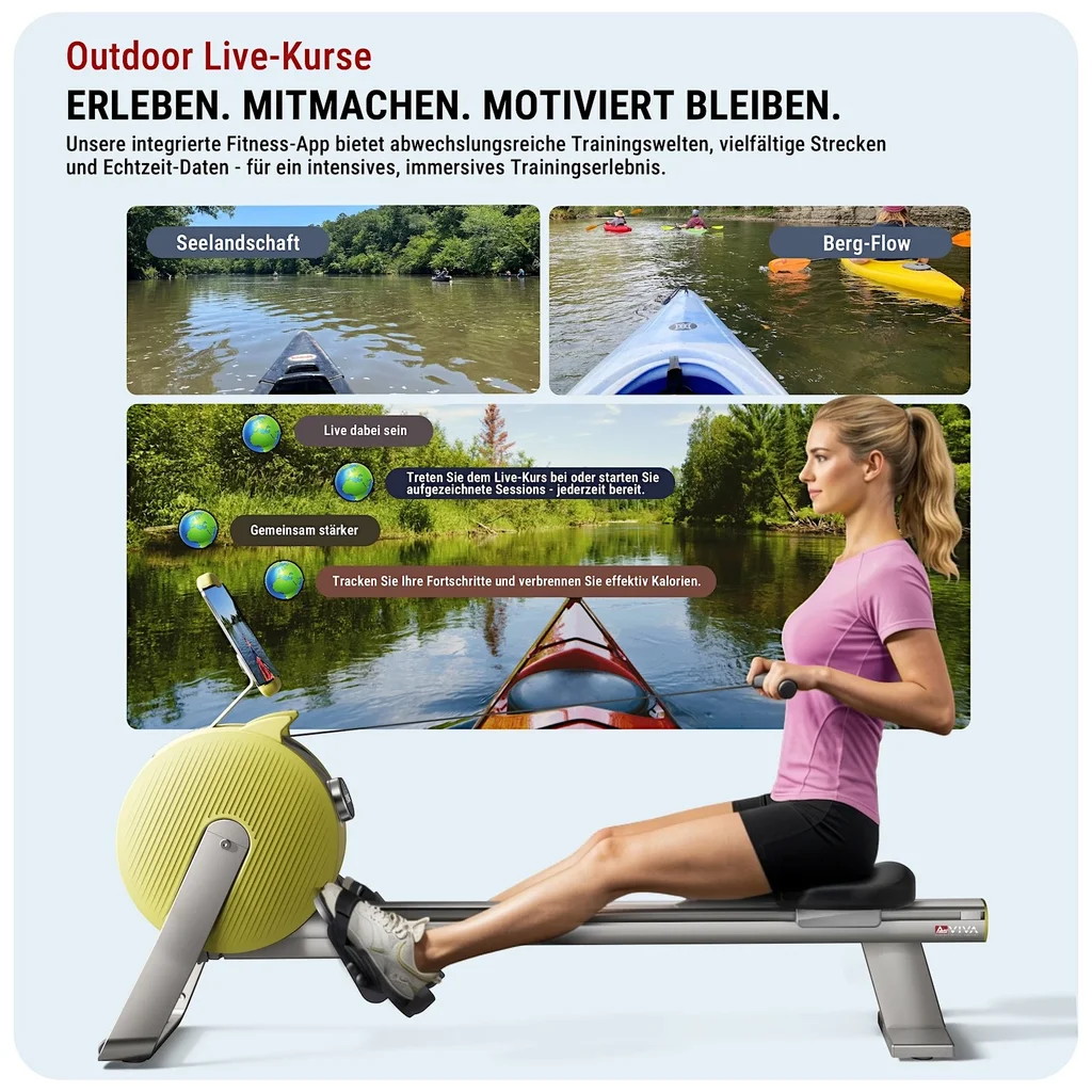 Interactieve live lessen op de AsVIVA roeimachine RA20 voor begeleide training op het scherm