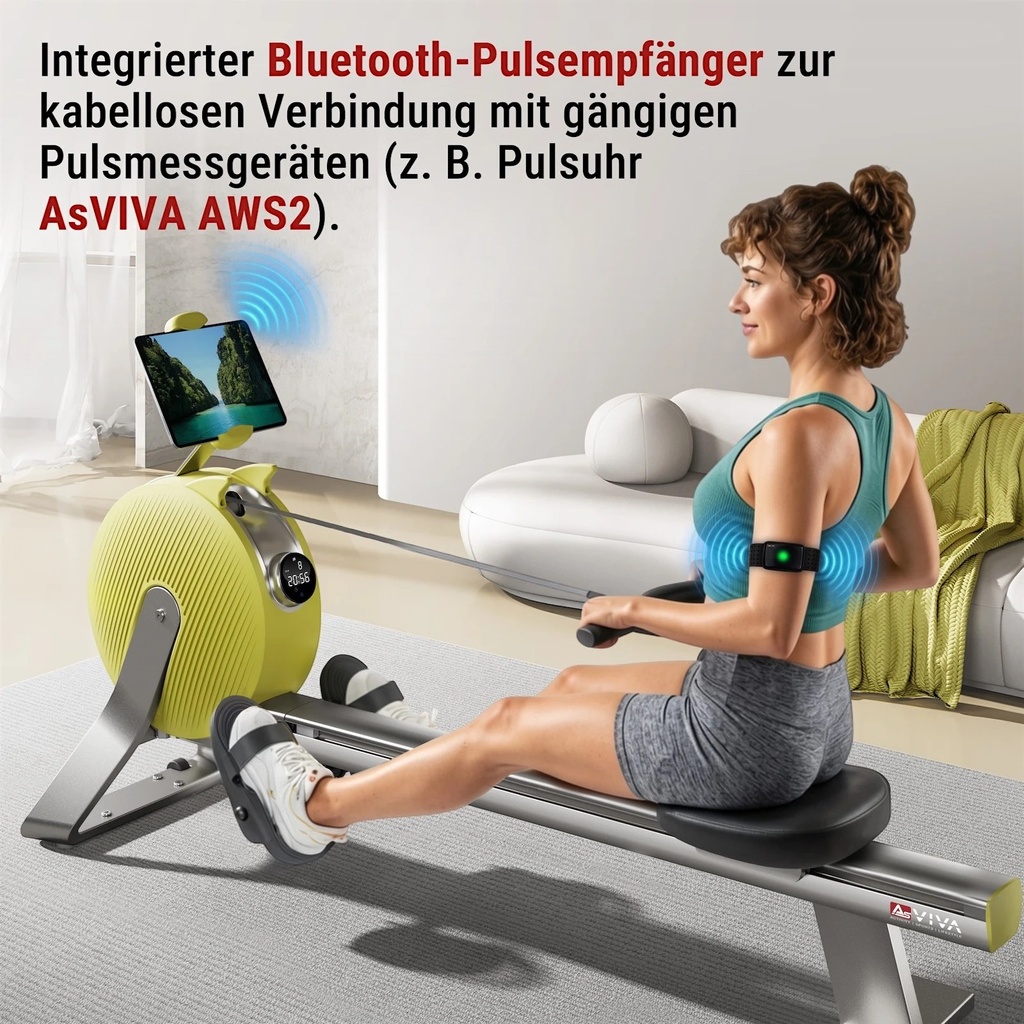 AsVIVA roeimachine RA20 met geïntegreerde Bluetooth-pulsontvanger voor hartslagbewaking tijdens de training