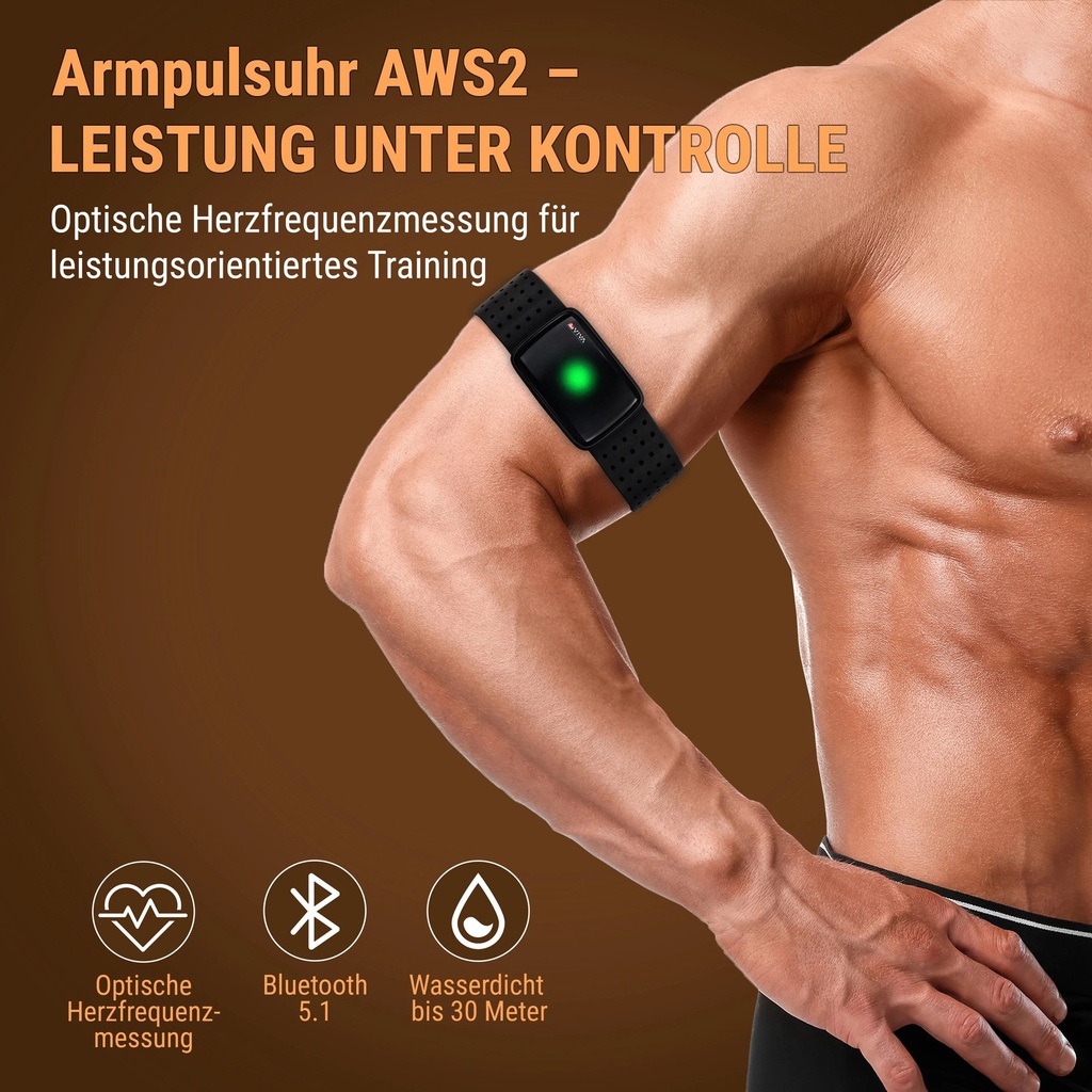 Armpulsgurt mit Bluetooth AWS2 – Herzfrequenzmesser Pulsmesser Optische Herzfrequenzmessung