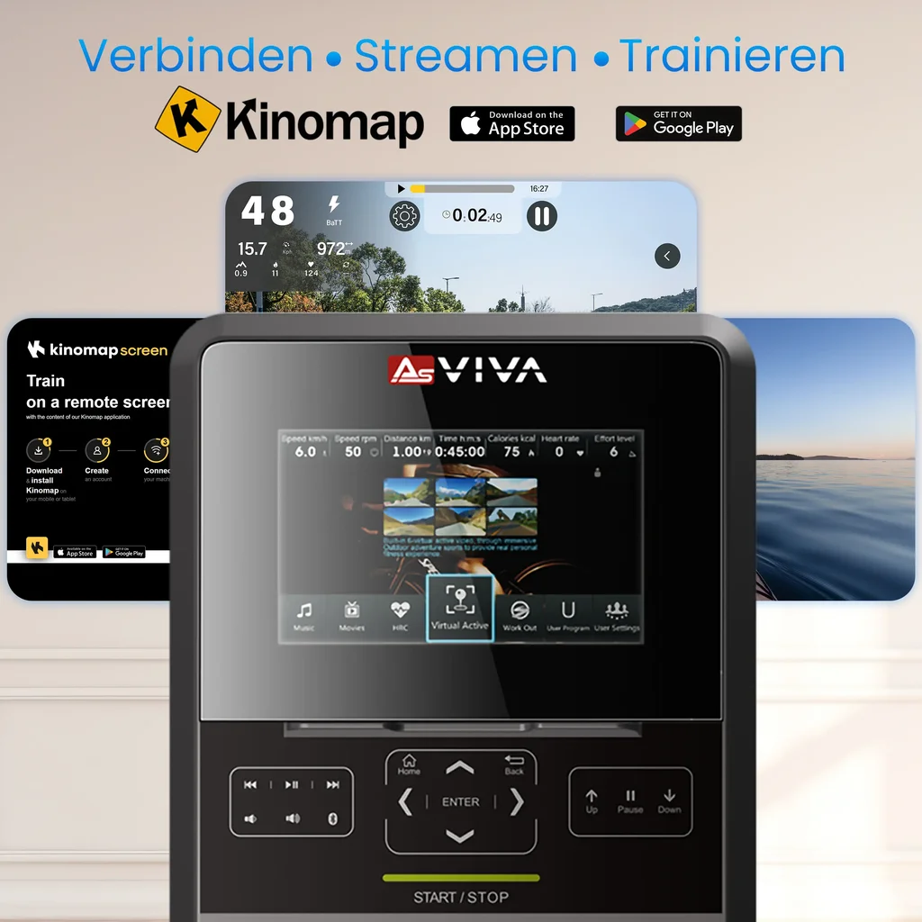 Scherm van de AsVIVA ergometer H25 Studio Pro voor het streamen van apps en trainingsinhoud