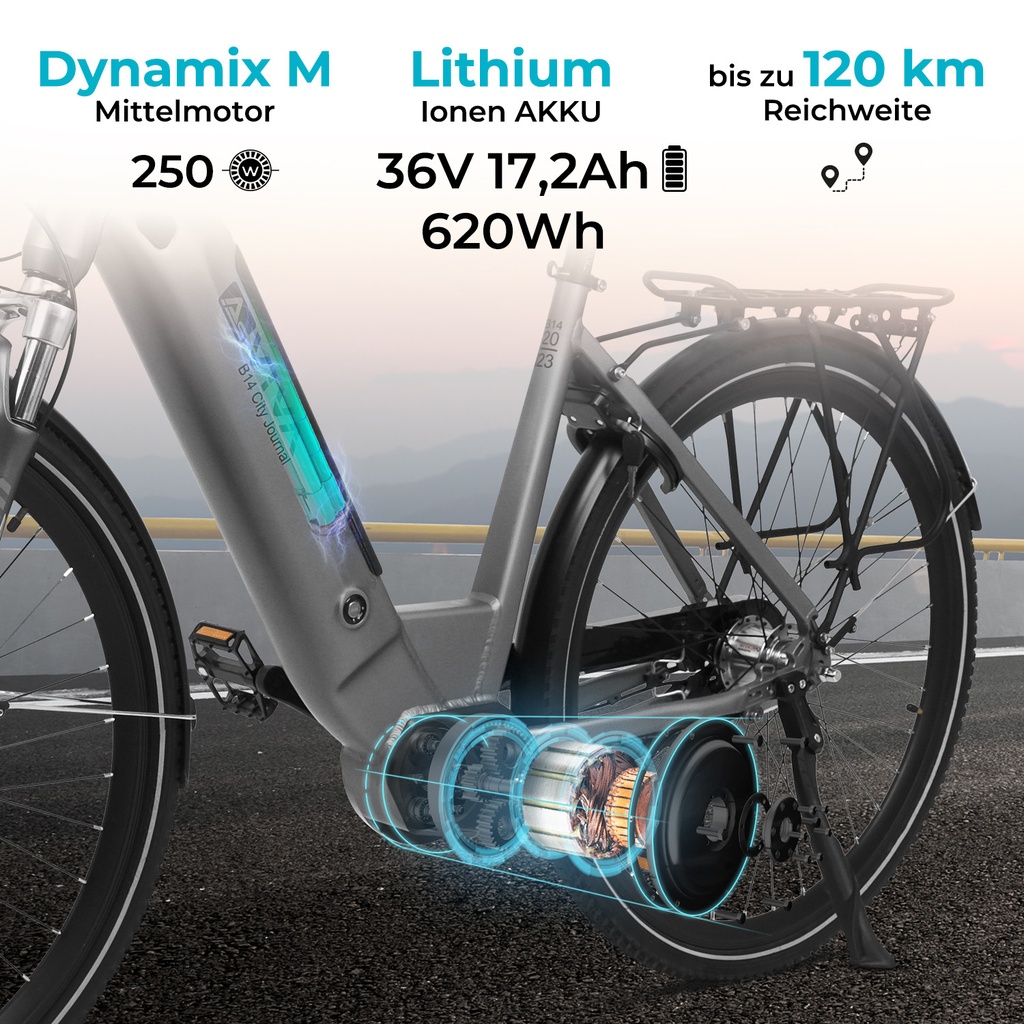 AsVIVA City E-Bike Stadtfalter B14 – Grijs/Wit – Motor