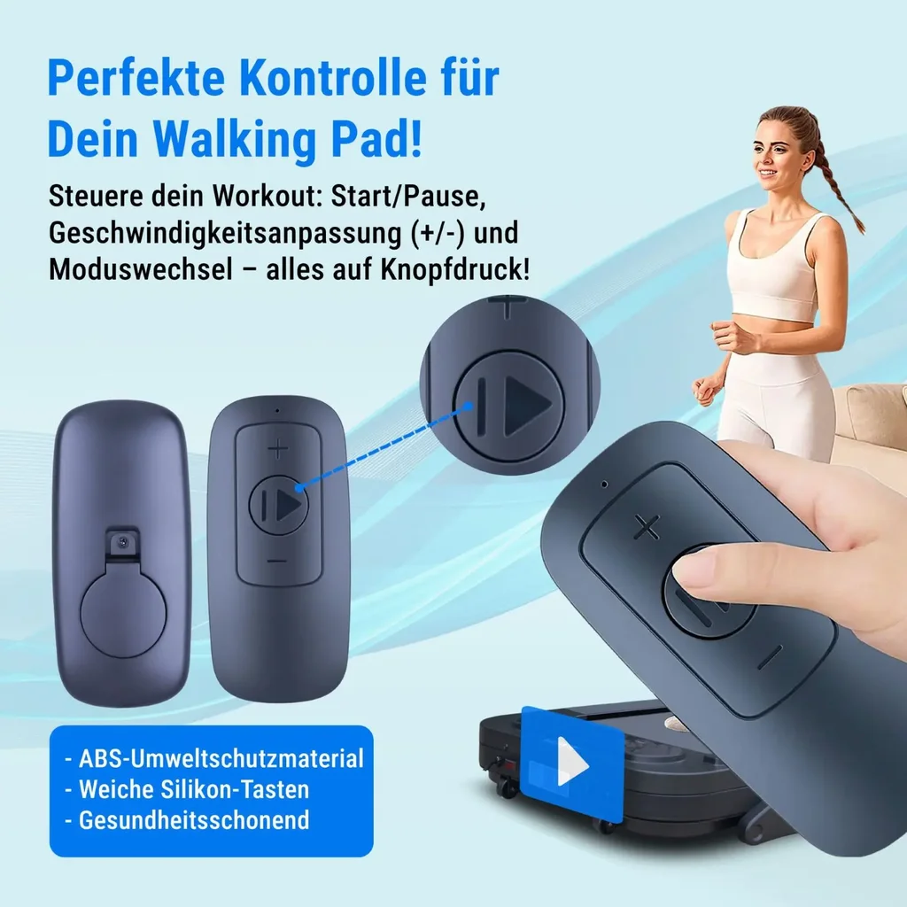 Meegeleverde afstandsbediening van de AsVIVA Walking Pad loopband T25 voor een comfortabele bediening van snelheid en programma's
