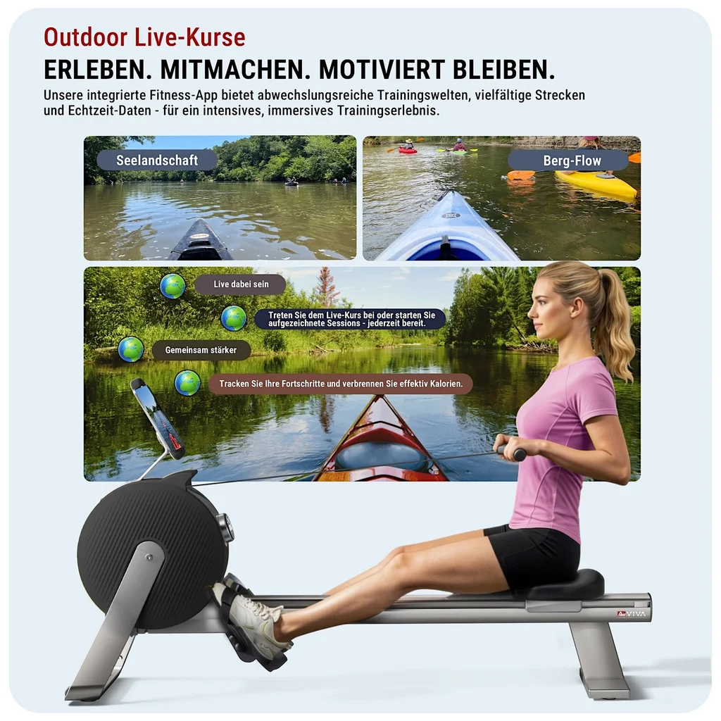 Interactieve live lessen op de AsVIVA roeimachine RA20 in het zwart voor begeleide training op het scherm