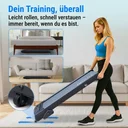 Plat, ruimtebesparend design van de AsVIVA Walking Pad loopband T25 voor eenvoudig opbergen onder de bank