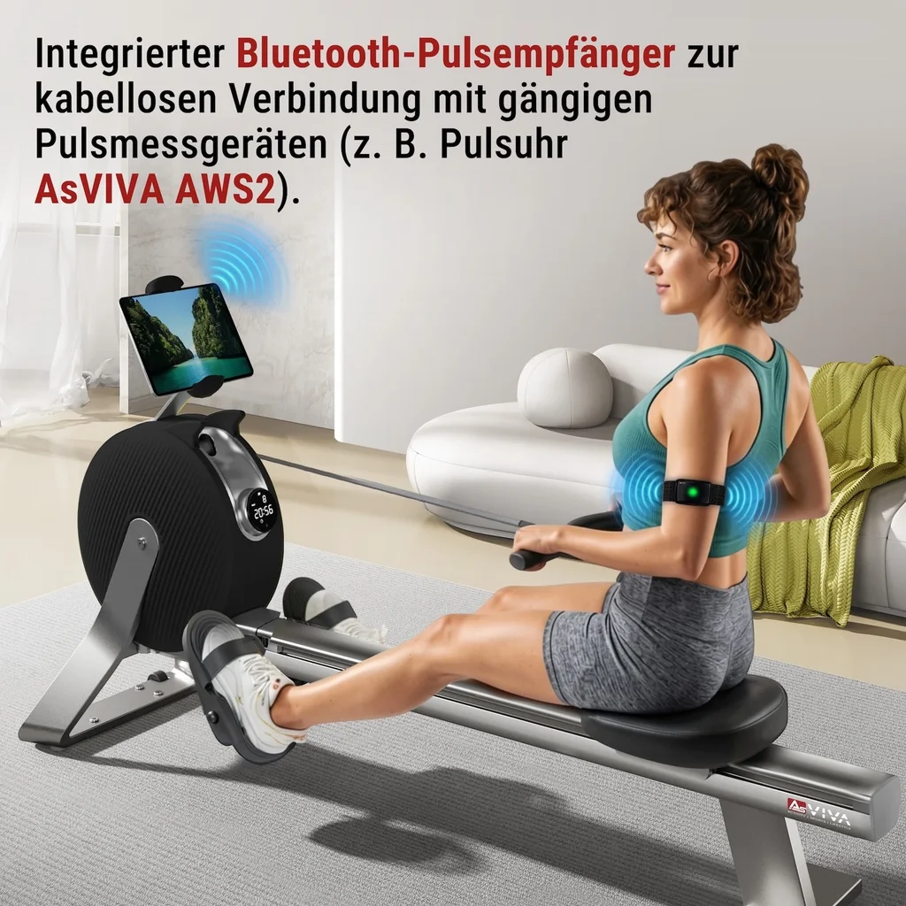 AsVIVA roeimachine RA20 in het zwart met geïntegreerde Bluetooth-pulsontvanger