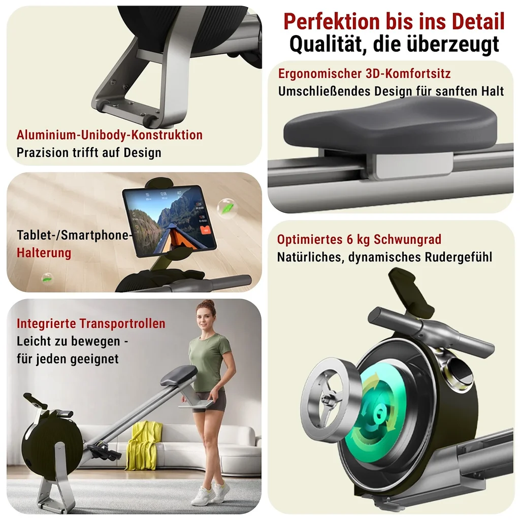 Uitrustingsdetails van de AsVIVA roeimachine RA20 in het zwart