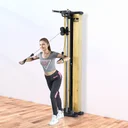 Totaaloverzicht van het complete AsVIVA MG7 kracht- en kabeltrekstation met trainingsbank en bekleding van echt hout