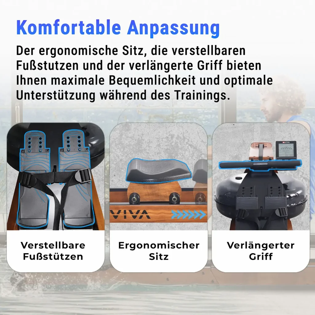Comfortabele ergonomische zitting van de AsVIVA waterroeimachine RA18 Pro voor lange trainingen
