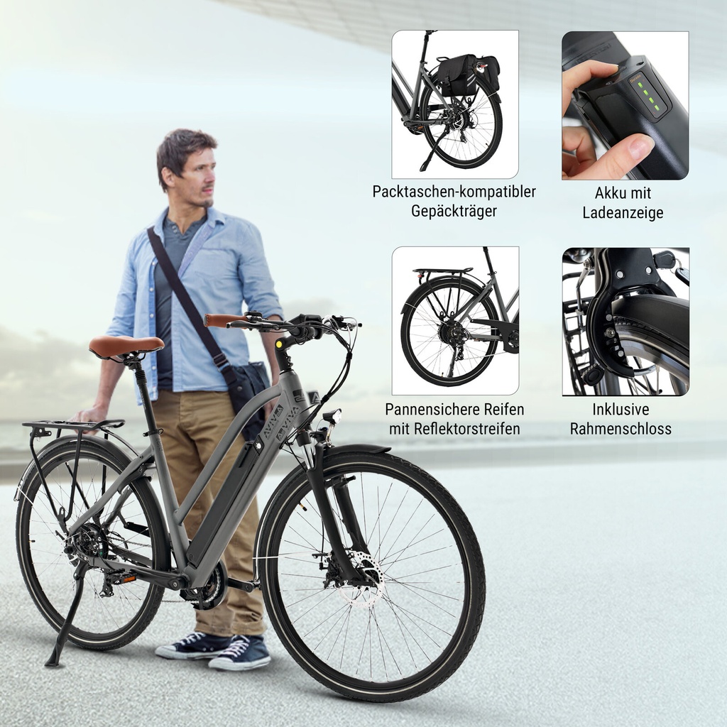 City E-Bike B15 (Grau, brauner Sattel, breites Display) – Ausstattung mit Gepäckträger und Akku