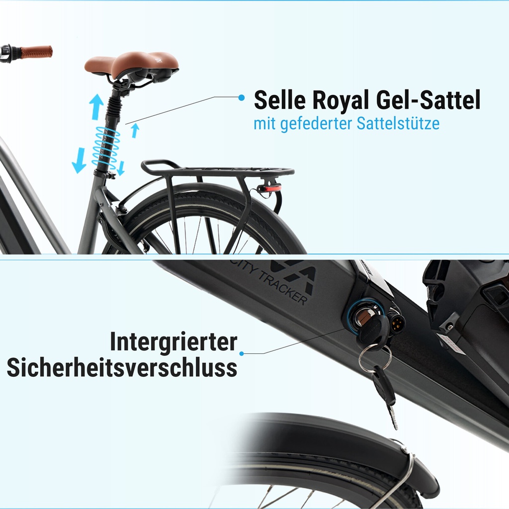 City E-Bike B15 (Grau, brauner Sattel, breites Display) – Gel-Sattel und Sicherheitsverschluss