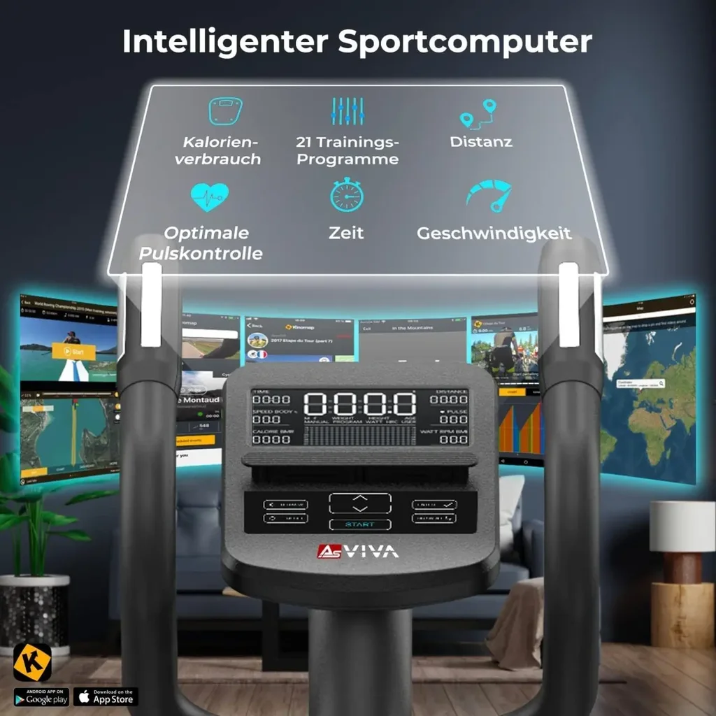Sportcomputer van de AsVIVA crosstrainer C29 Step met talrijke trainingsprogramma's en functies