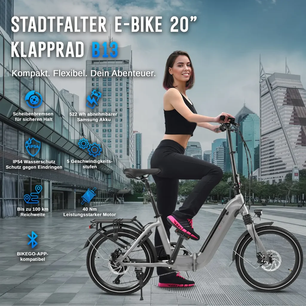 Overzicht van de voordelen en uitrustingskenmerken van de AsVIVA E-Bike vouwfiets Stadtfalter B13 in het grijs
