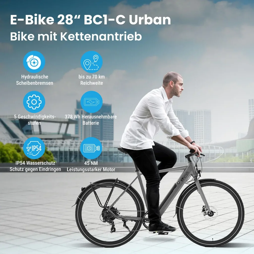 AsVIVA BC1C – 28 inch urban e-bike met kettingaandrijving, 70 km actieradius en 250 W motor