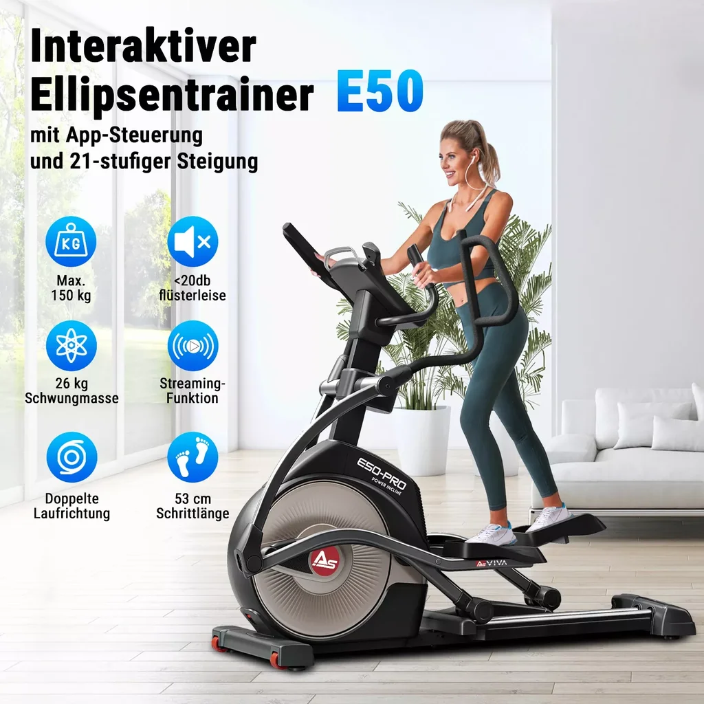 Studio-features van de AsVIVA crosstrainer E50 Pro in één oogopslag voor een professionele trainingservaring