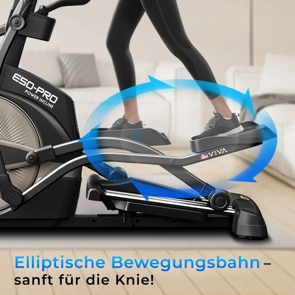 Gewrichtsbesparende elliptische bewegingen van de AsVIVA crosstrainer E50 Pro voor een natuurlijke bewegingsafloop