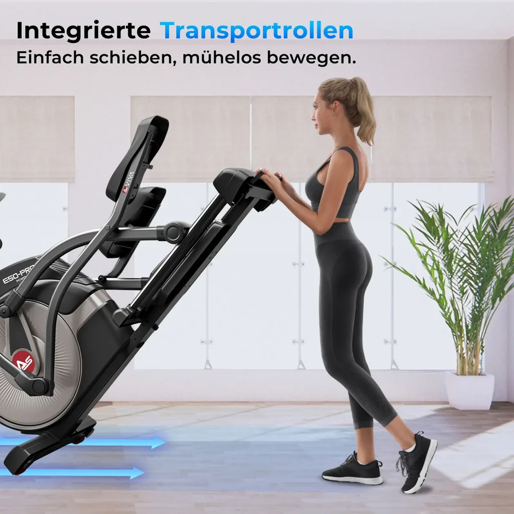 Geïntegreerde transportwielen van de AsVIVA crosstrainer E50 Pro voor eenvoudig verplaatsen in de ruimte